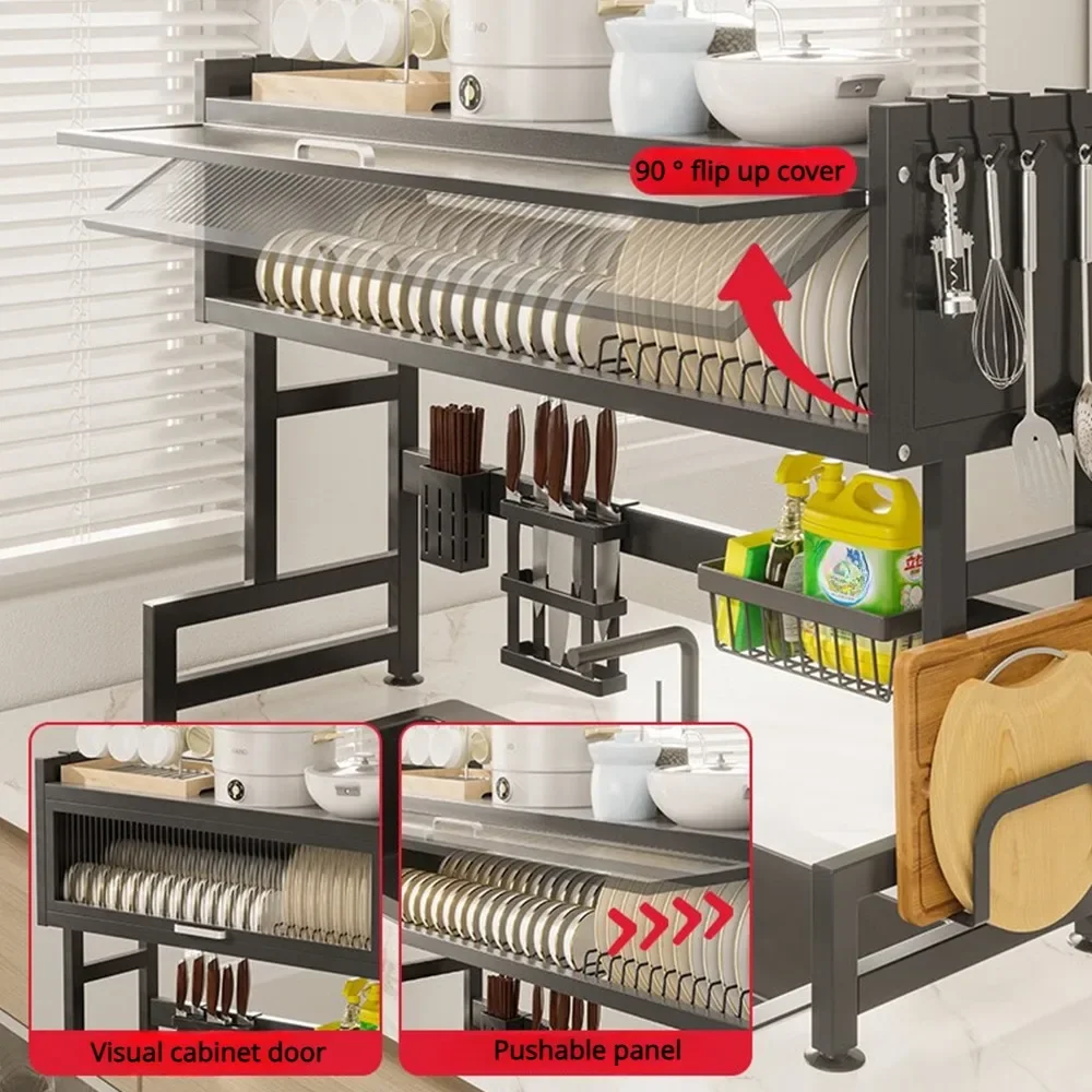 Bowl Tray Storage Rack Above Kitchen Sink, Dustproof Storage Rack for Tableware Kitchen Utensils, Drainage Rack for Tableware