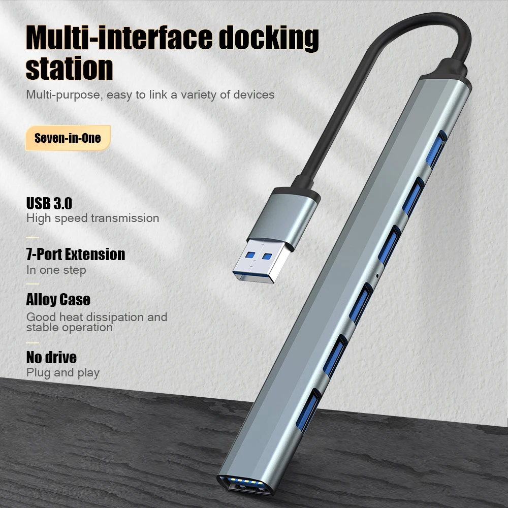 7-Port USB 3.0 Hub Aluminum Alloy Docking Station High Speed Data Transfer Splitter Plug and Play for Laptop PC MacBook Computer