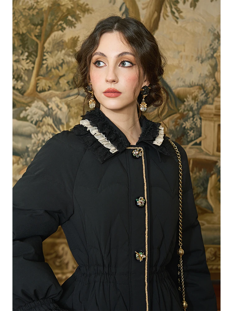 

Handmade Bead Splicing Belted Women's Long Puffer Jaet Casual Sle 90% down Lightweight Long Sve Bla Winter Coat