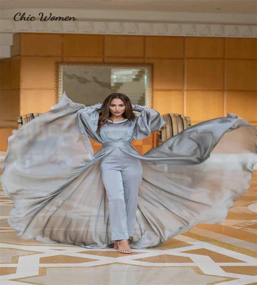 Elegant Gray Saudi Arabic Evening Dress With Overskirt Train Puff Sleeve Jumpsuit Prom Dresses 2023 Beaded Formal  Birthday Gown