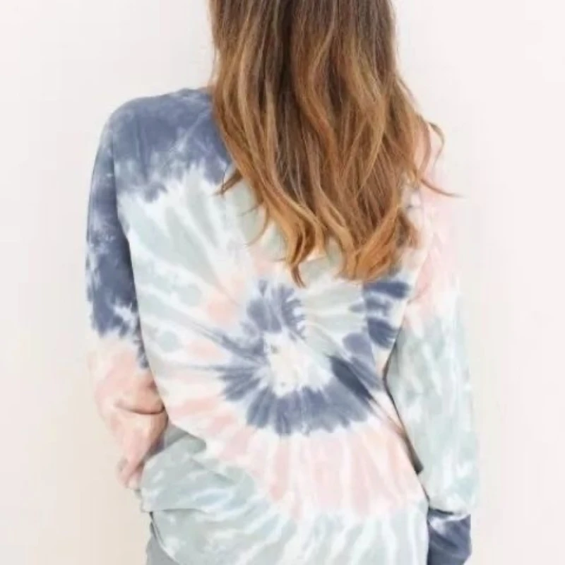 Women Long-sleeved Tie Dye Print Crops Tops INS New Fashion Casual Loose Cotton T-shirts Ladies Tees O-neck Pullover Sweatshirt