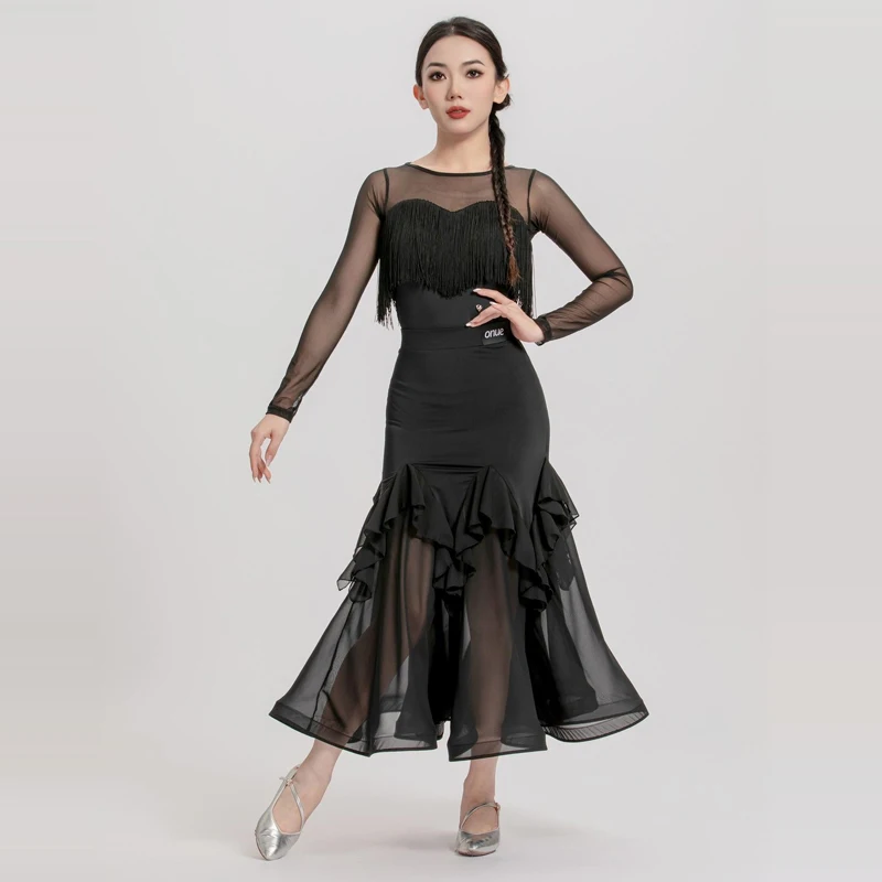 Adults Latin Dance Competition Dresses Women'S Ballroom Dance Costume Mesh Sleeves Latin Top Modern Dancing Skirt SL12899