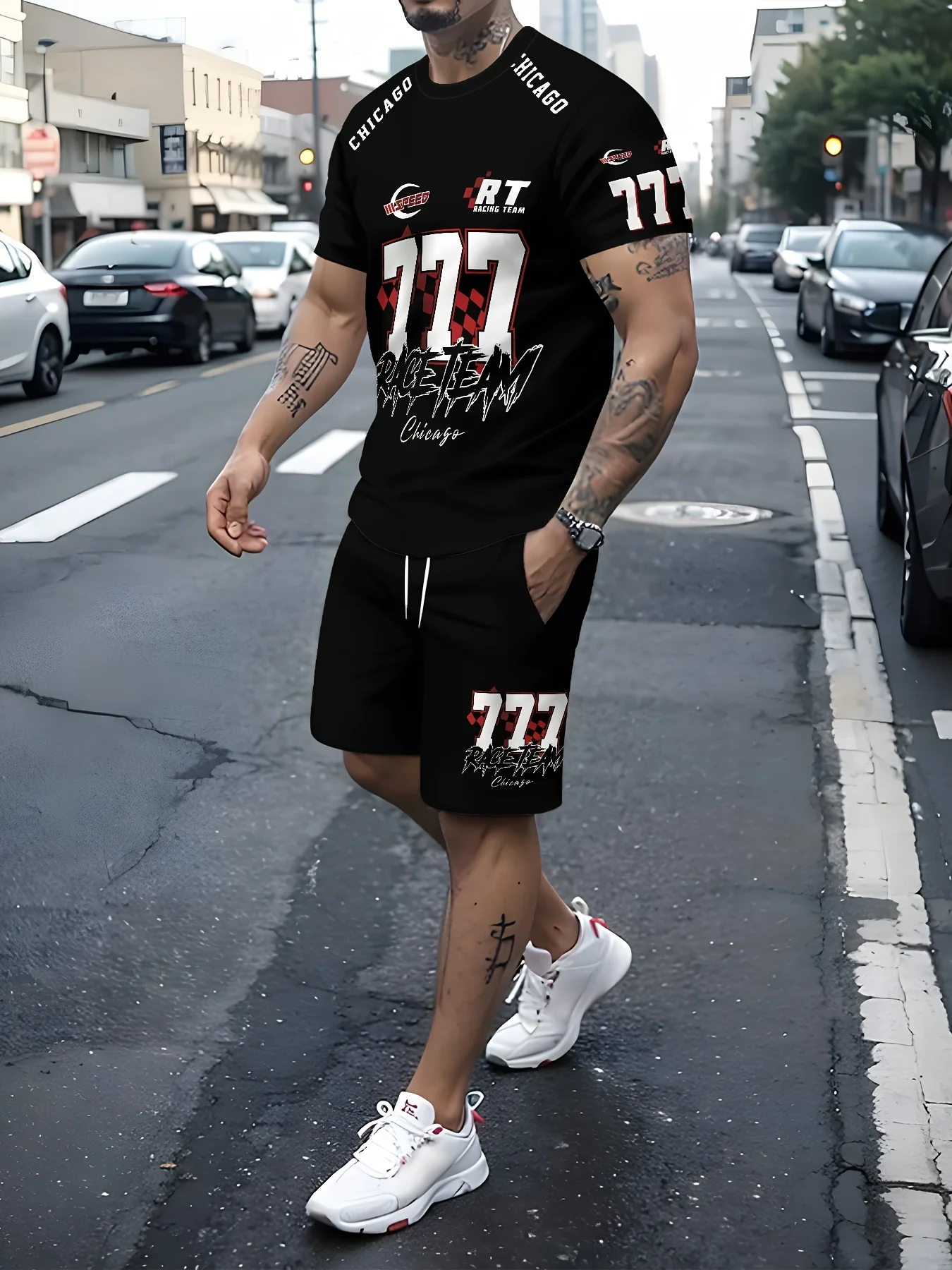 

2025 summer new 3D printed men's suit Chicago 777 Printed T-shirt Men's short-sleeved tracksuit Football T-shirt plus shorts