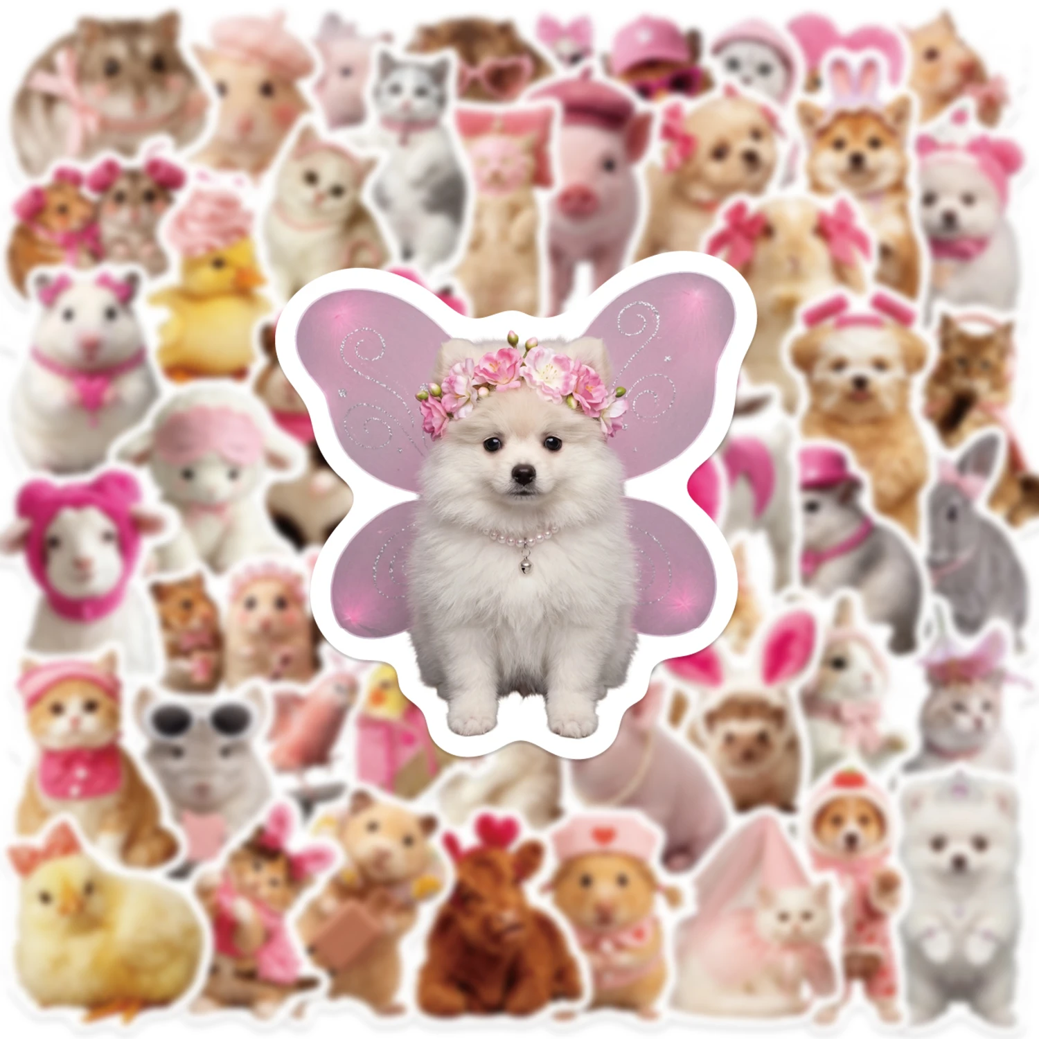 54 Stück Kawaii Rosa Bekleidete Niedliche Haustier-Aufkleber, Liebliche Katzen-, Hunde- und Hamster-Vinyl-Aufkleber, Ästhetisches Sticker-Set für Teenager, Tagebuch, Laptop