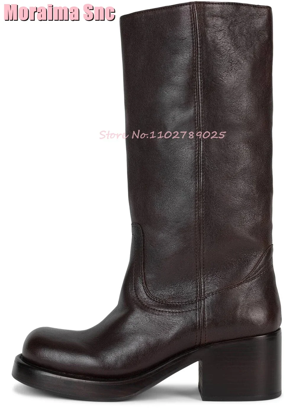 Round Toe Block Heeled Knee High Boots Slip On Fashion Women Long Boots Autumn Winter Leather Upper Dark Brown Solid 2023 New