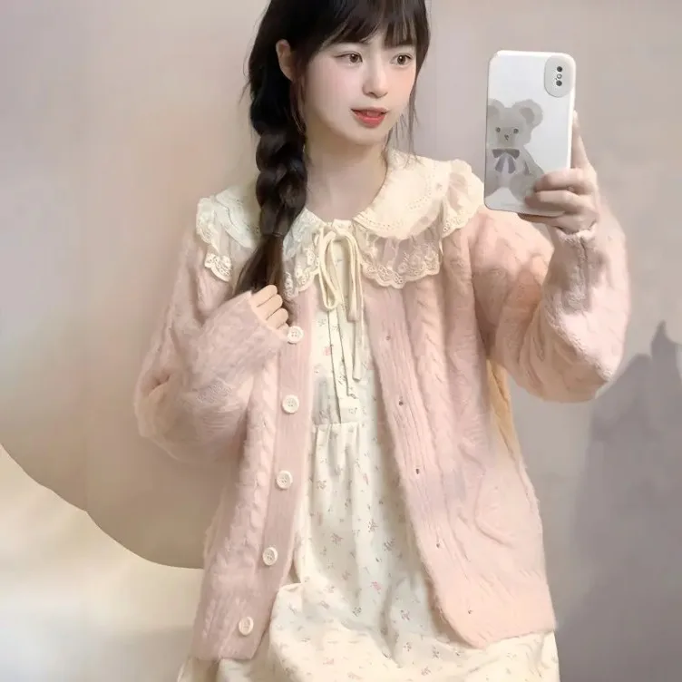 

New Harajuku Sweet Pink Long Sleeve Knitted Tops Women+ Y2k Peter Pan Collar 2025 Autumn Floral Dresses Two Piece Sets