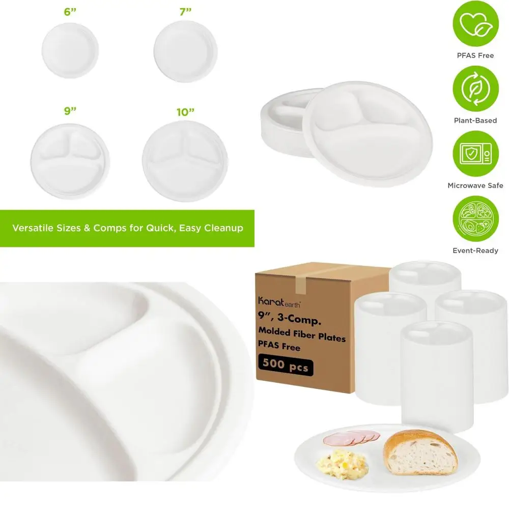 

9 компостируемых бумажных тарелок, 500 штук, прочная формованная конструкция, экологически чистая, белая упаковка для оптовой закупки