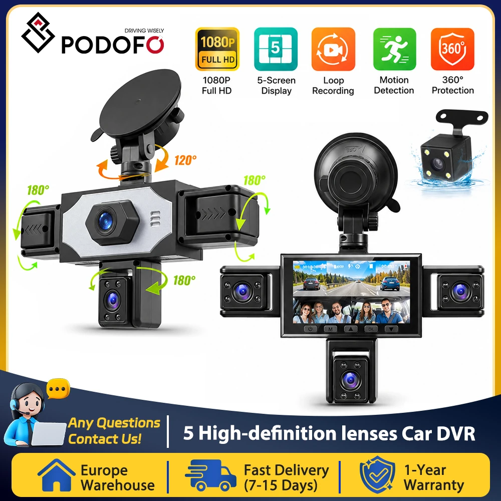 Podofo Car DVR Video Recorder DashCam 5 Channels 360° Front Inside Rotatable Rear View Camera Loop Recording, Exposure Compensation, Night Vision Function, Reversing Help Car Dash Cam