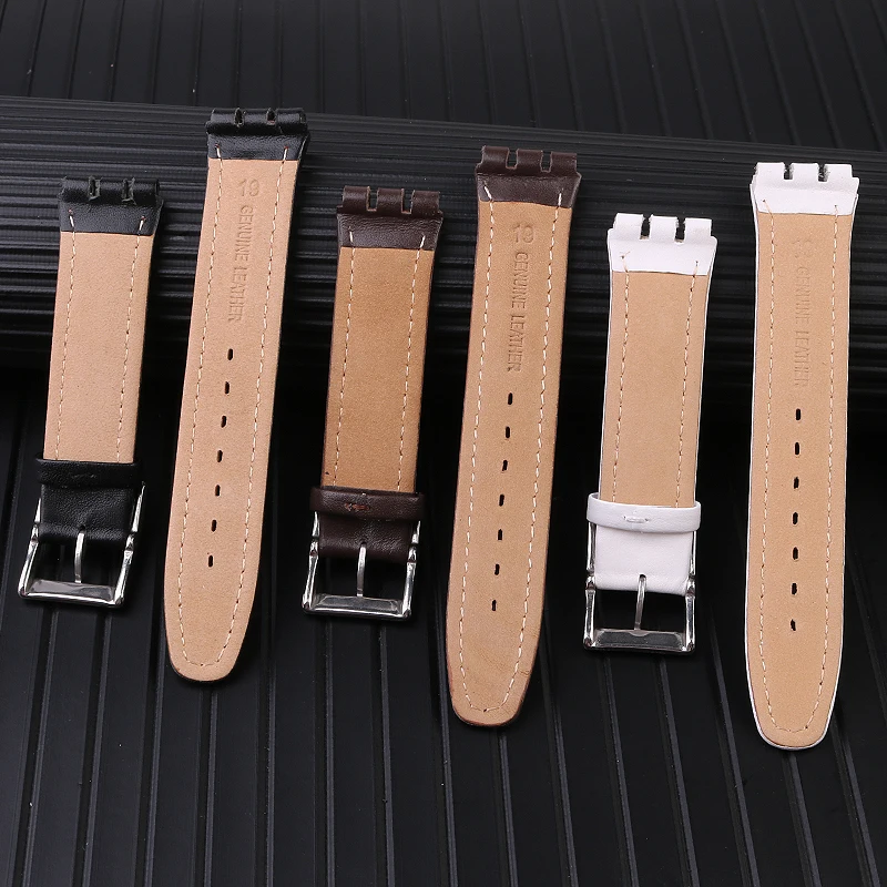 Plain leather strap for Swatch Men's and Women's Watch Band 17mm 19mm Red Black Pink Black Red Line Brown Watch Belt with tools