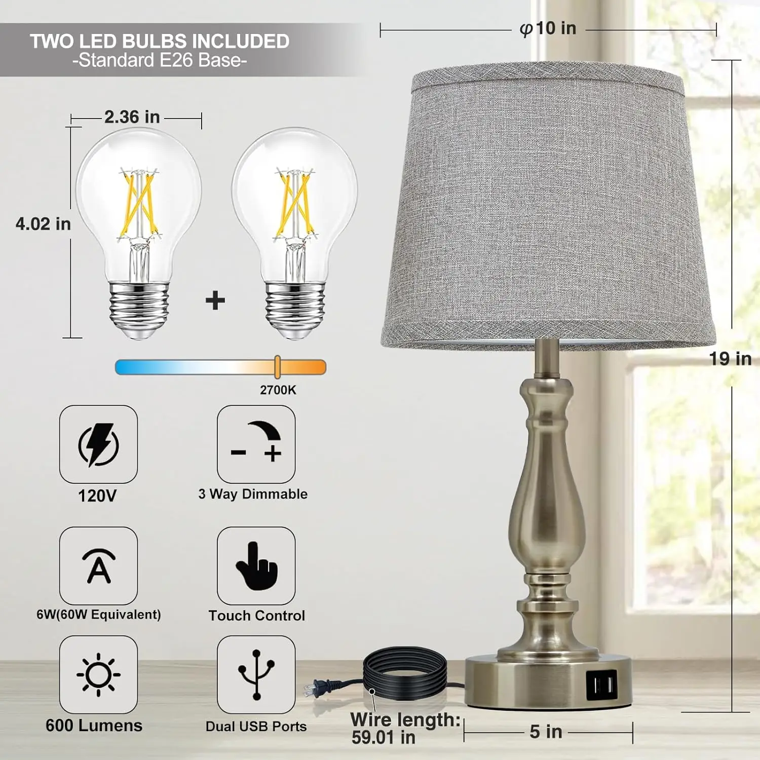 

Table Lamps For Bedroom Set Of 2,3 Way Dimmable Touch Bedside Lamps With Dual Usb A+C Ports - Nightstand Lamp For End Table