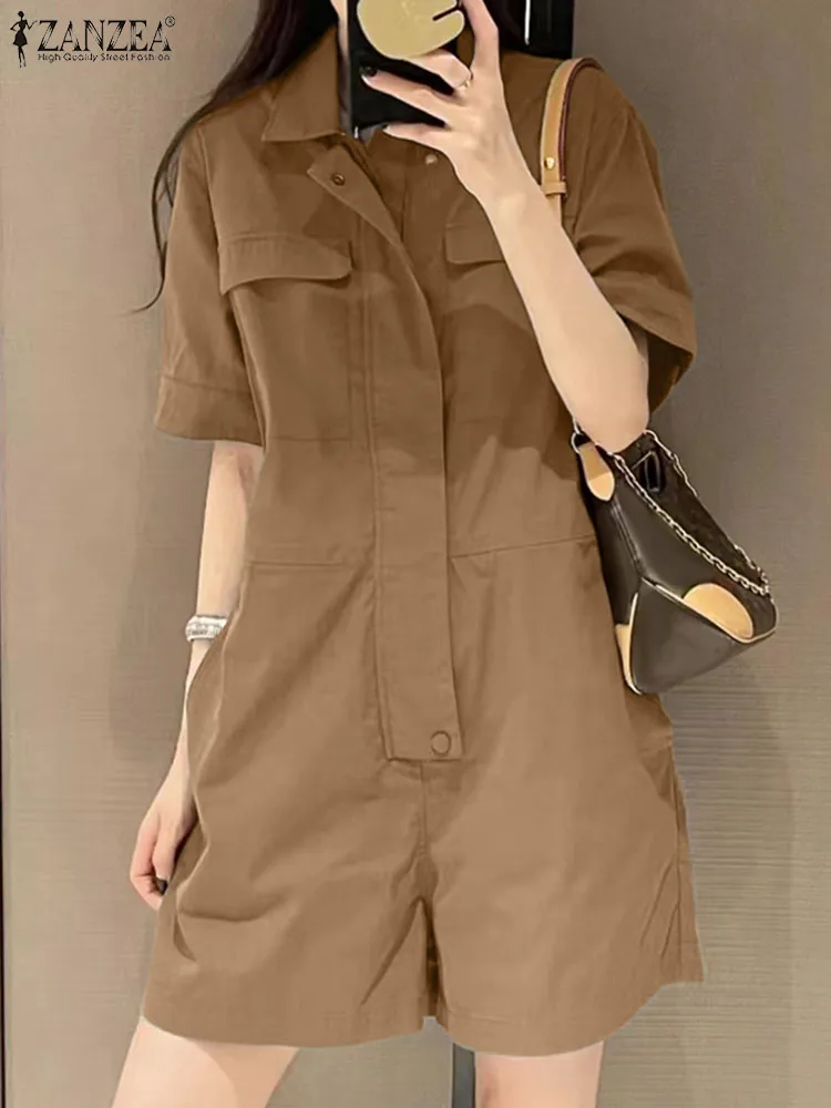 

Women Rompers Elegant Solid OL Work Overalls Summer Fashion Jumpsuits 2024 ZANZEA Vintage Lapel Neck Short Sleeve Playsuits