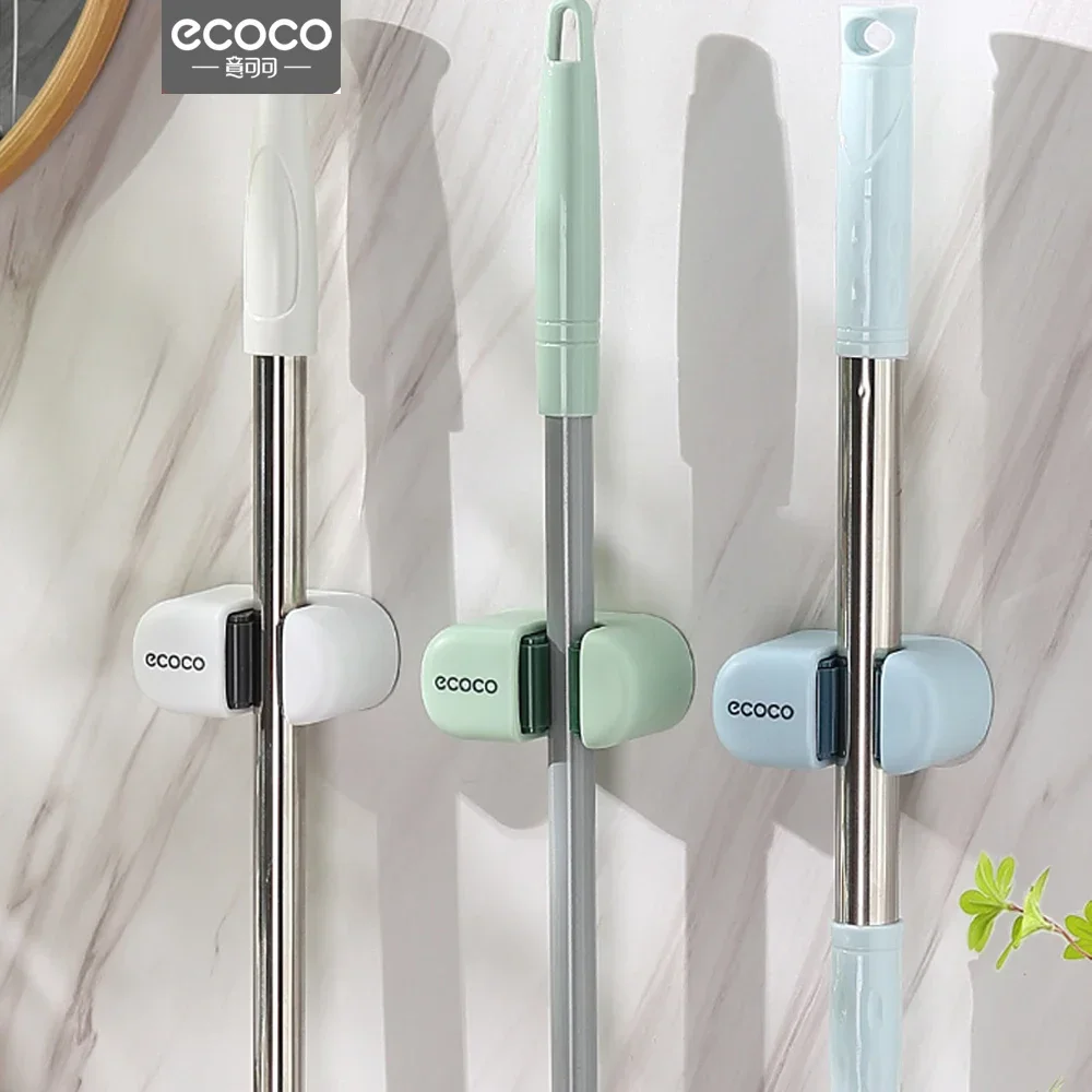 Ecoco Mop Hook Hanger Hole Free Wall Hanging Toilet Mop Storage Rack Adhesive Strong Fixing Clip Broom Clip Kitchen Organizer