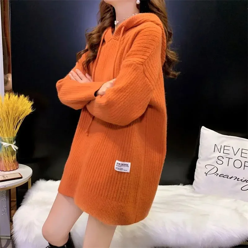 

Pop Loose Top 2025 Autumn/Winter New Thick Solid Hooded Pullover Knitted Sweater For Women Loose Mid-Long Thicken Sweatershirt G