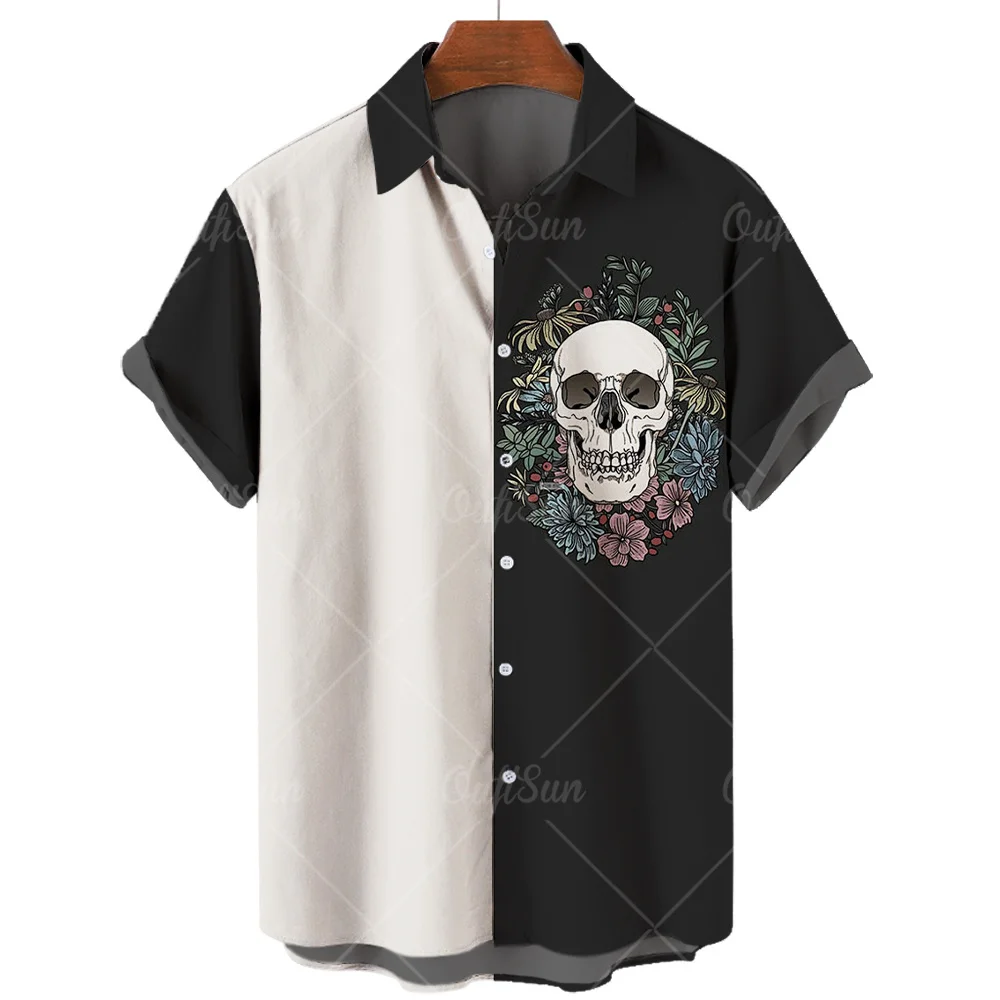 Summer Hawaiian Skull Men\'s Korean Floral Casual Shirt Short Sleeve Harajuku Digital 3d Print Oversized Imported Clothing