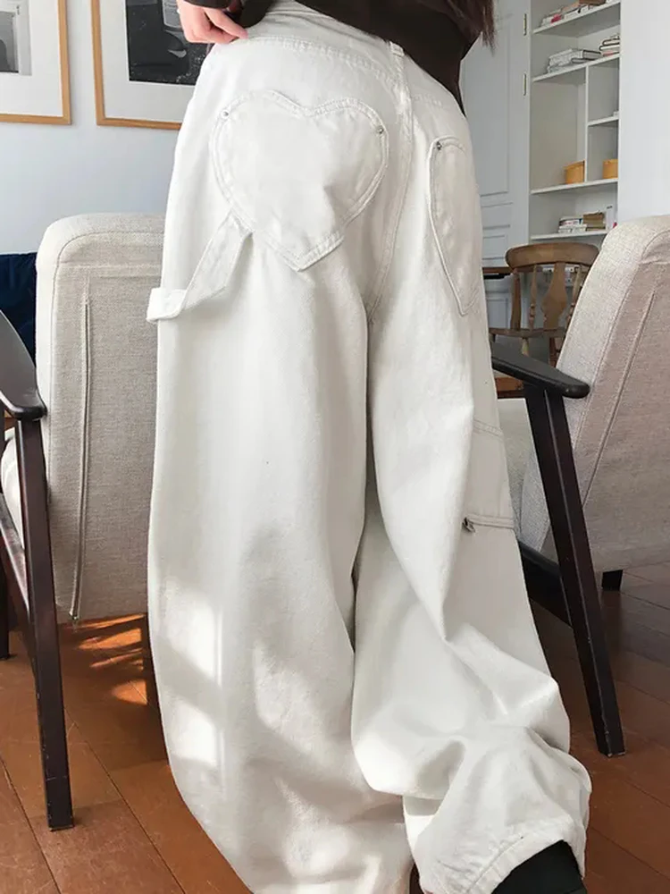 

Retro Loose Slimming Wide Leg Straight Casual Long Jeans Women's Denim Pants with Hanging Belt Heart ket Splicing