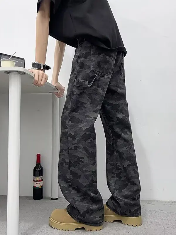 

Street Sle Camouflage Jeans Men's Retro American Trendy Slimming Bootcut Casual Versatile Workwear Denim mid Waist Zipper