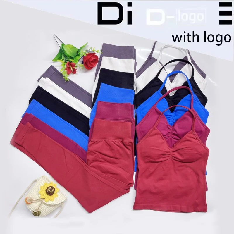 【セール中】2点セット ヨガ DF レディース ロング丈ストラップトップとスクランチレギンス ジム フィットネス ウェア トレーニングウェアセット