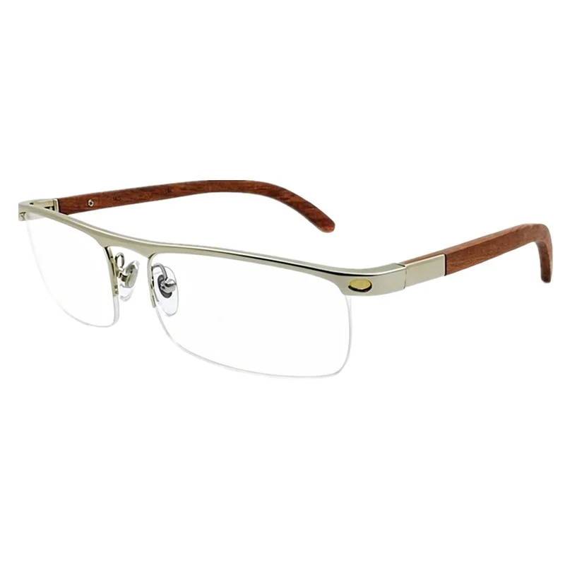 Men Halfrim Rectangular Prescription Eyeglasses Alloy Front with Natural Wood Temples Optical Spectacles Frame For Custom Myopia