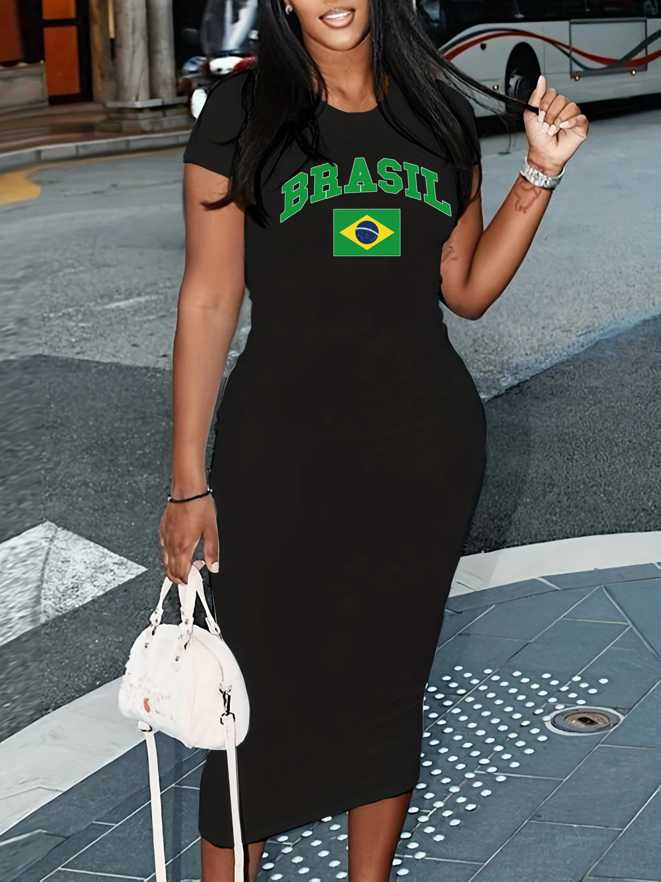 Damska wiosna/lato BRASIL Print Casual Slim Fit wokół szyi z krótkim rękawem seksowna sukienka