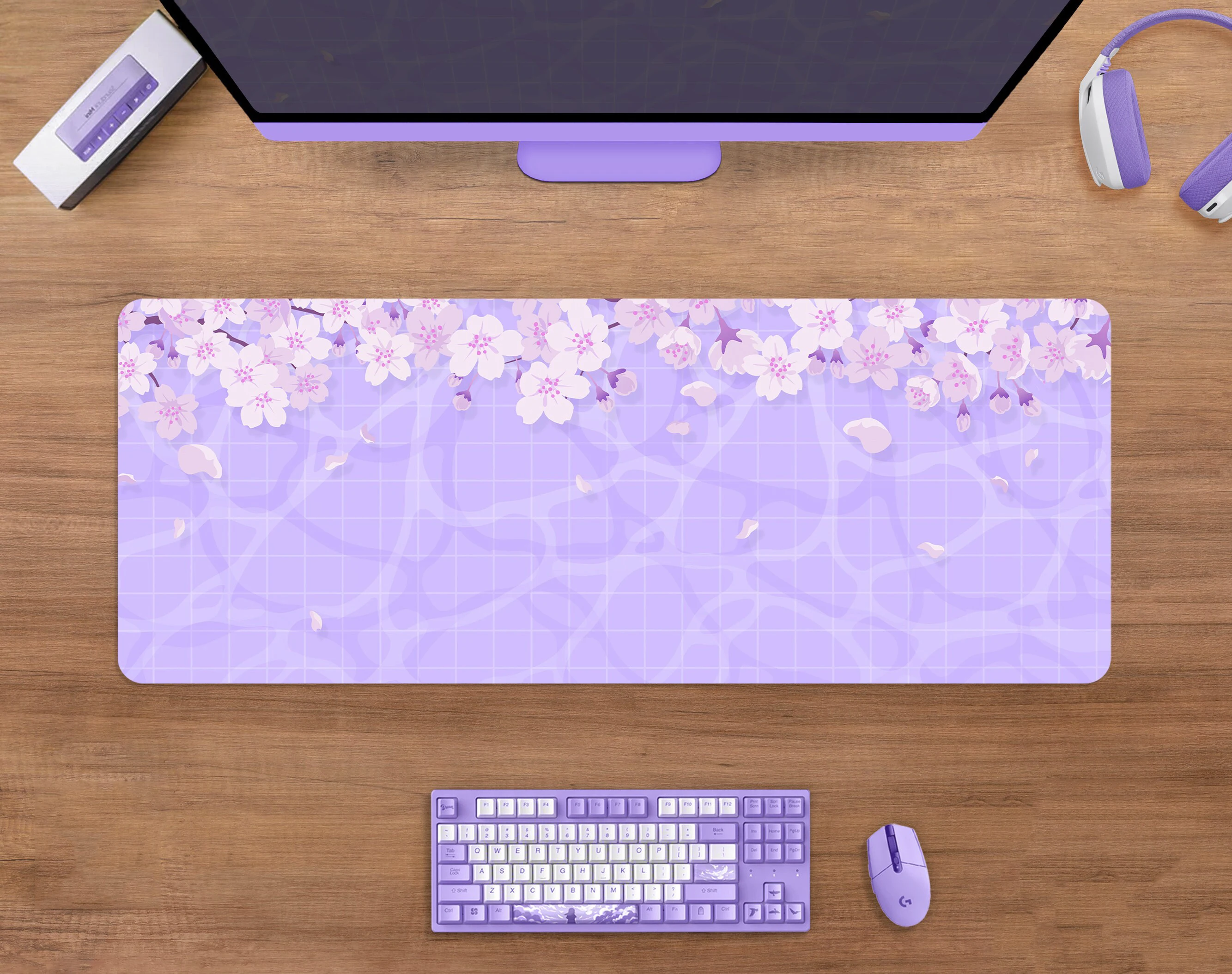 Pastel Purple Desk Mat Cute Mousepad 90x40 Kawaii Cherry Blossom Lavender Lilac Aesthetics Sakura Japanese XXL Gaming Mouse Pad