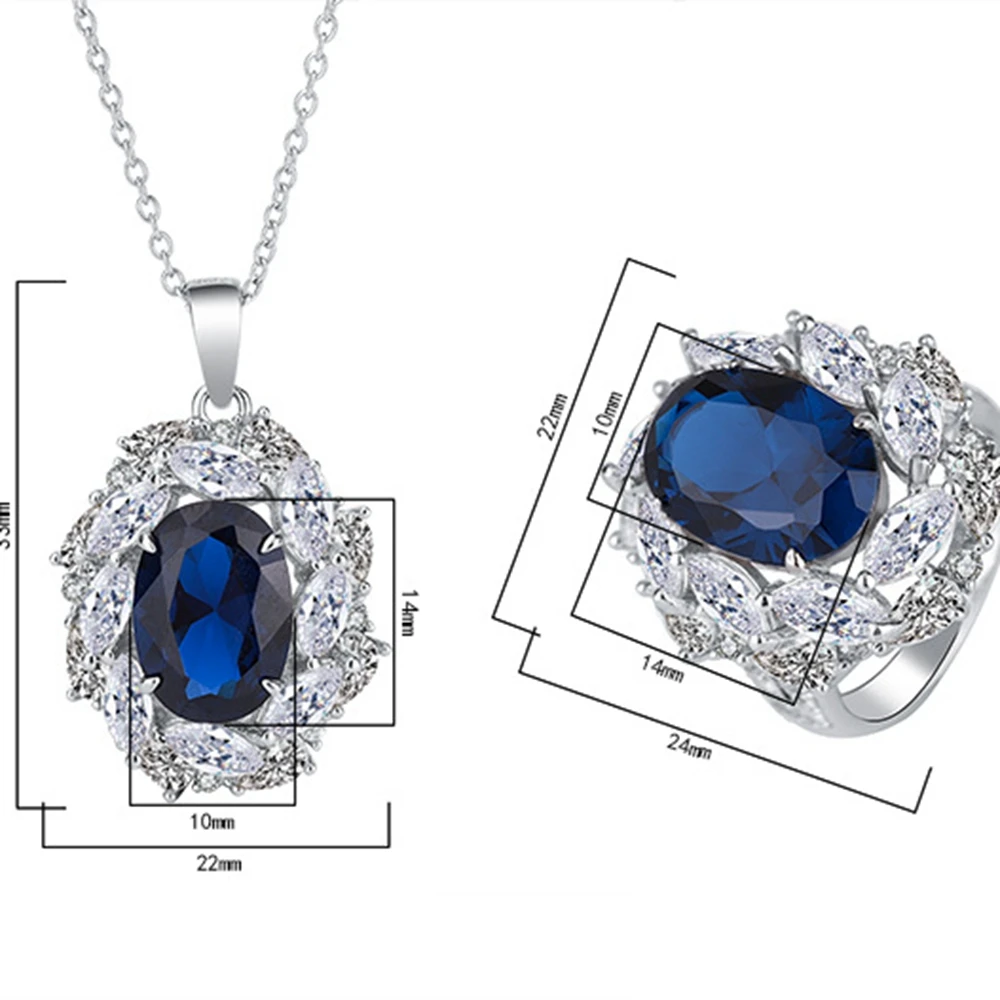 WUIHA Luxury 925 Sterling Silver 10*14MM Sapphire Courndum Ring/Pendant/Necklace For Women Engagement Gift Jewelry Set Wholesale