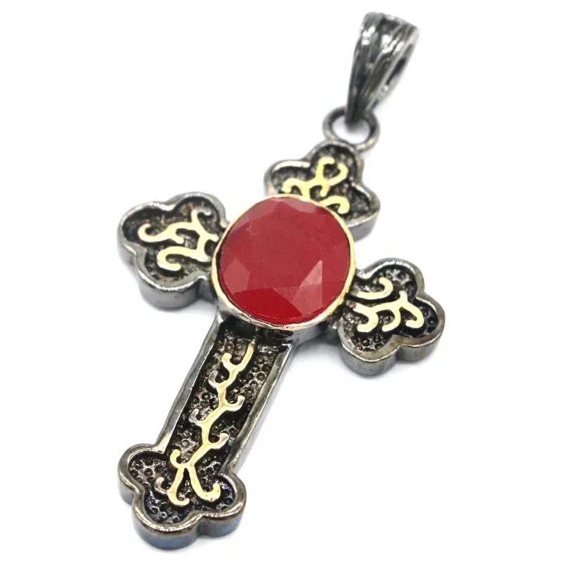 Buy 2 Get 1 Free 63x34mm Punk Long Cross 16g  Real Red Ruby For Man Street Jewelry Black Gold Silver Pendant