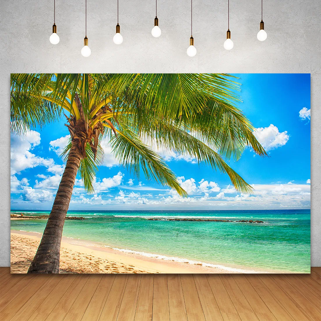 Verão praia palmeira coqueiro fotografia fundo estúdio de fotos mar praia areia nublado céu azul cena festa pano de fundo photozone