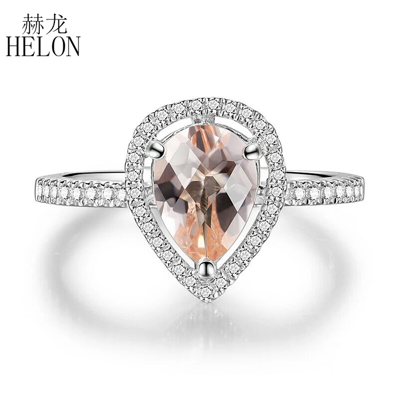 

HELON Solid 14k White Gold Pear 6x8mm Morganite Engagement Ring Natural Diamonds Vintage Unique Cluster Wedding Bridal Gift