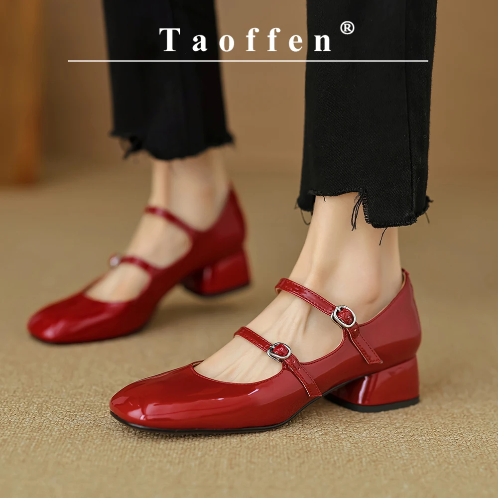 Taoffen Casual Mary Janes Pumps Women Spring/Autumn Square Toe High Heel Fashion Buckle Strap Square Heel Patchwork Office Shoes