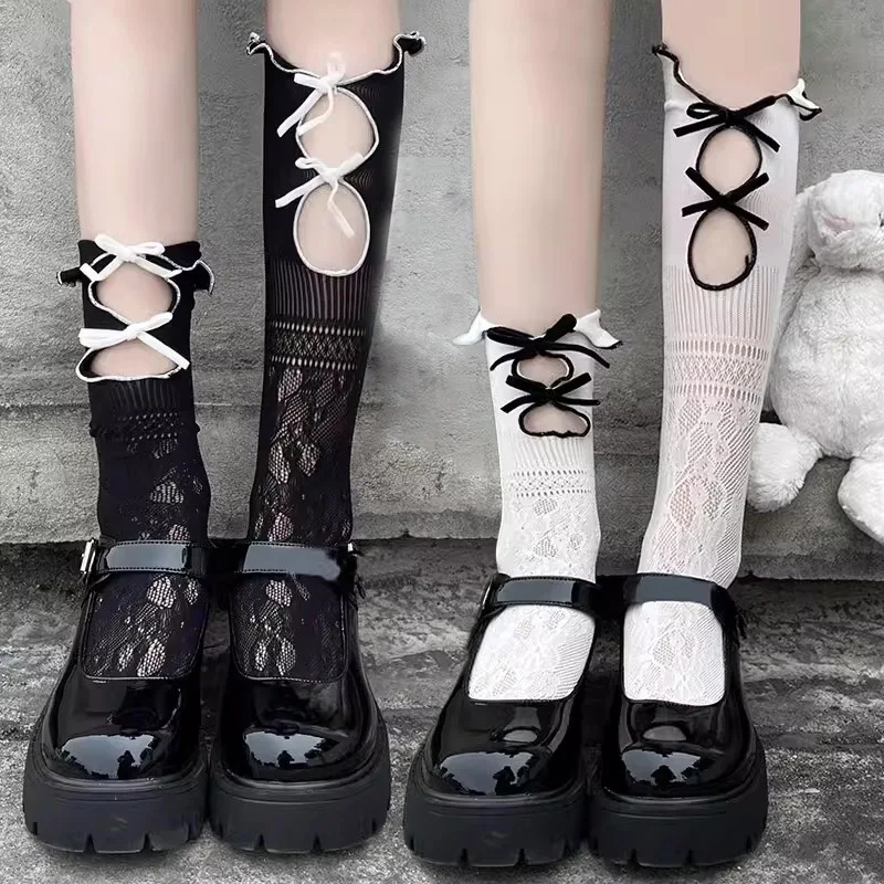 Y2K Cute Sweet Cool Socks for Women Double-layer Hollow Lace Flocking Bow Fishnet Sock Gentle French Retro Long Socks Calcetines