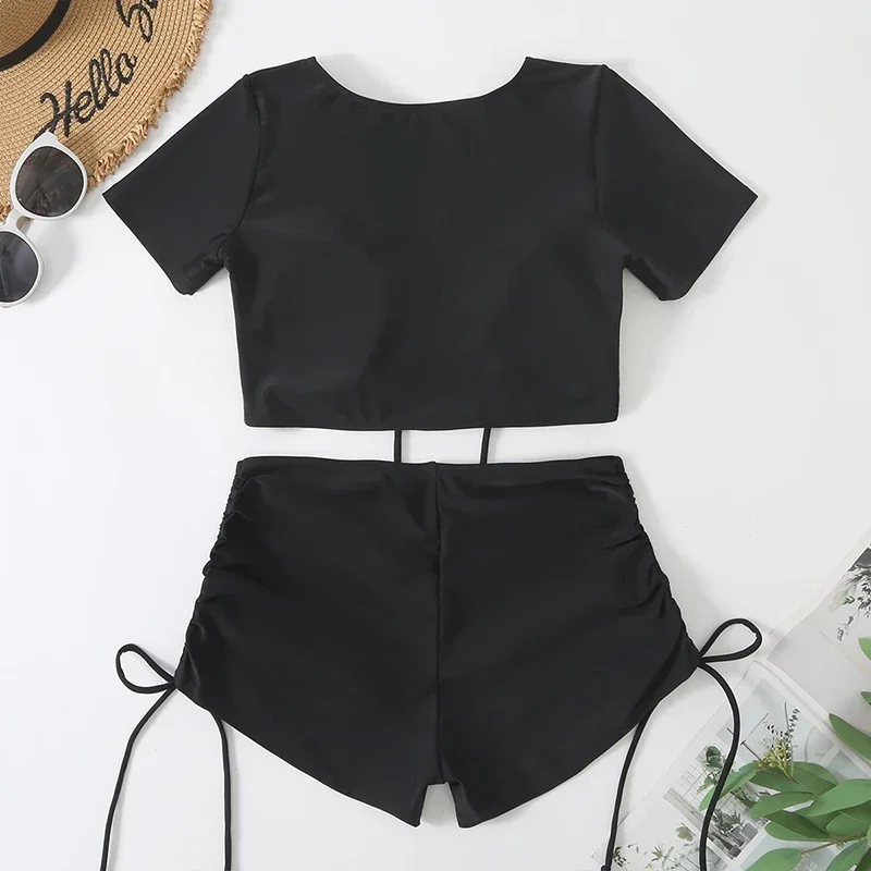 Black Drawstring Swimwear Bikinis Set Mujer 2024 Crop Top Shorts Bottom Swimsuit Women Sexy Bathing Suit Beachwear Bikini Swim