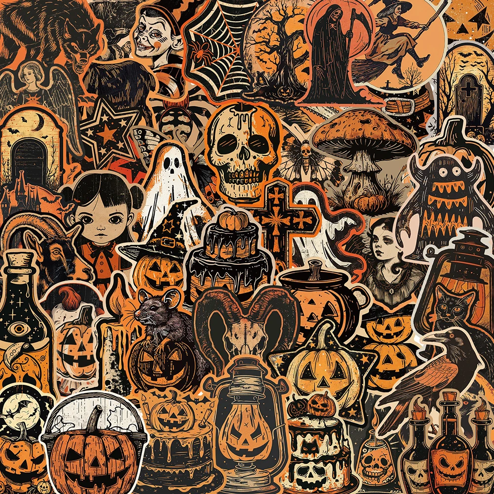 10/30/50pcs Halloween Horror Pumpkin Orange Stickers Decoration PVC Waterproof Phone Laptop Notebook Wall Decals Graffiti Toys