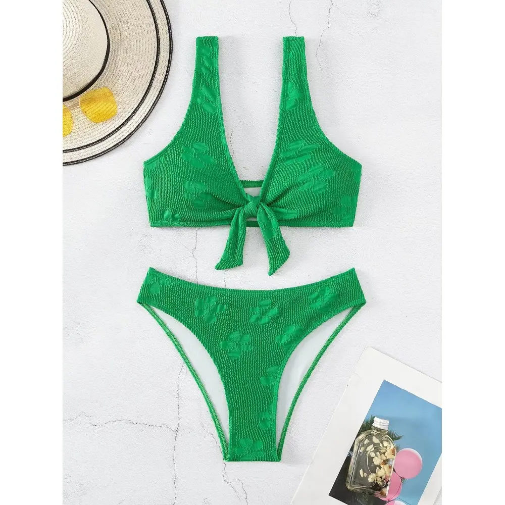 Cikini-Knot Front Bikinis Set for Women, Monochromatic, One-Piece Swimsuit, Beach Swimwear, Bathing Suit, Summer