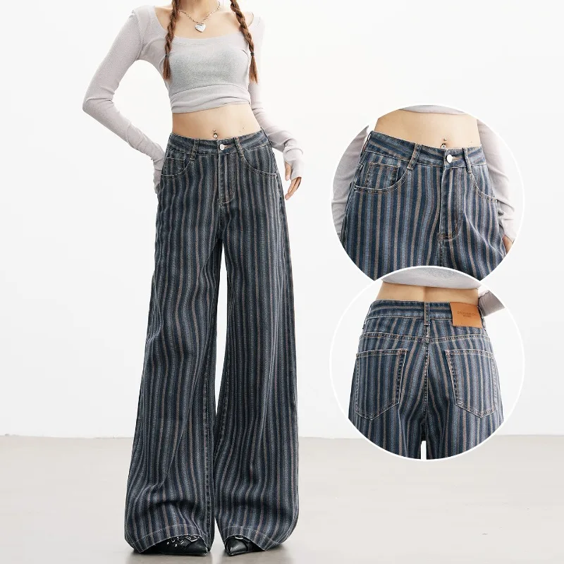 

Retro Striped Contrasting Wide Leg Jeans for Women 2026 Autumn New Collection Loose and Slimming Floor Length Pants