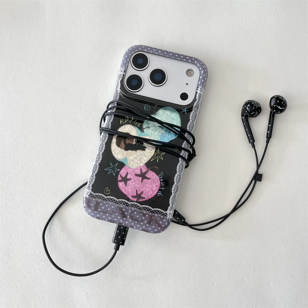 Cute Black Cat Apple Shell Texture Case For iPhone 15 16 17 18 Pro Max Lace Trim Dots Frame Chain Shockproof Protective Cover