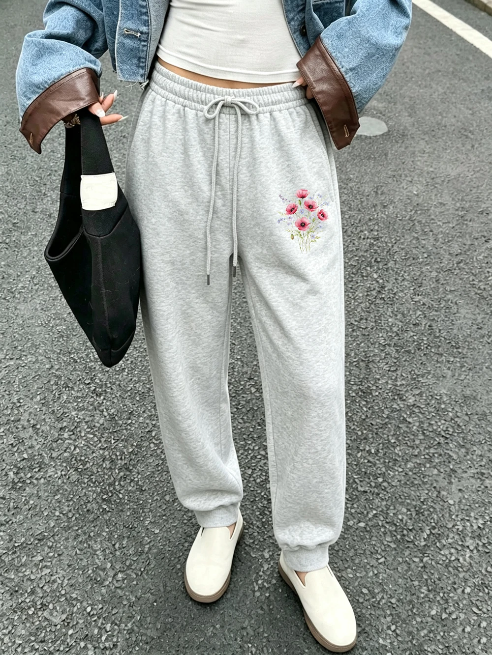 Schöne Sweatpants mit Aquarellblumen-Print für Damen, Basic-Fleece-Jogginghose, lässige Hose mit Taschen, lockere Winterkleidung – Detail 11