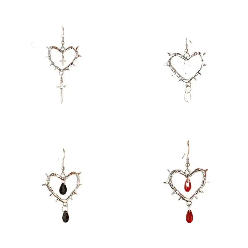 زوج واحد من الأقراط بتصميم قلب الشوك على الطراز القوطي القديم، أقراط على شكل قلب مع مسامير، أقراط محايدة هدية حفلة العطلات