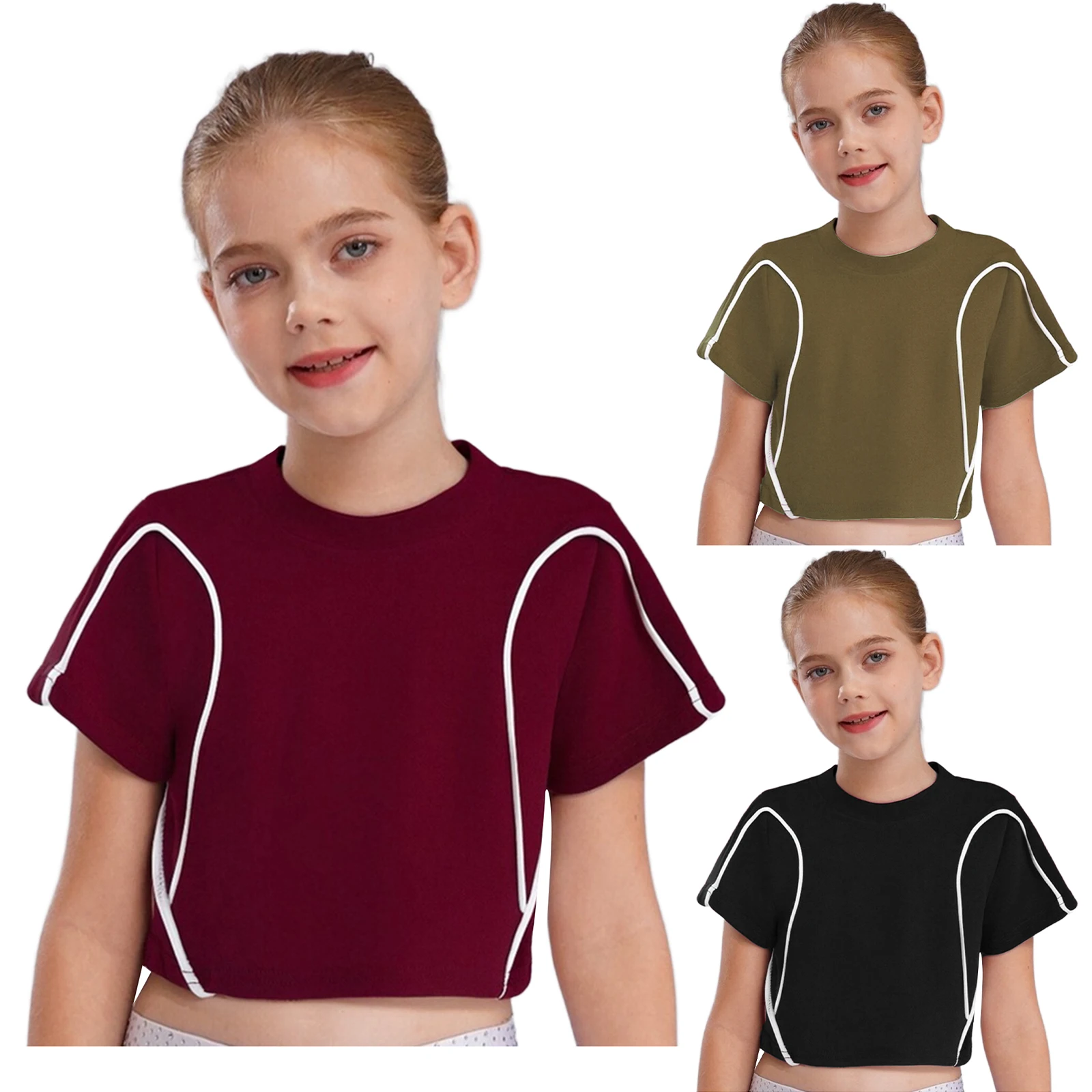 Kids Girls Contrast Color Trim Crop Top Hip-Hop Jazz Dance Cycling Sports Shirt Round Neck Short Sleeve T-shirt