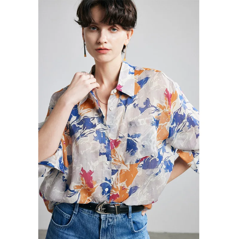 

100% ramie women's shirt 2026 spring and summer long-sleeved printed casual shirt sun protection commuting versatile linen shirt