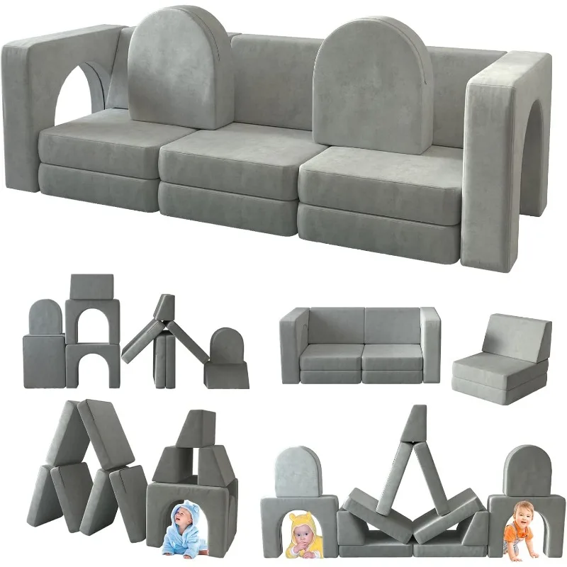 12 PCS Modular Kids Play Couch for Playroom Bedroom 12in1 Multifunctional Sofa for Playing Creativing Sleeping Indoor Couch Grey