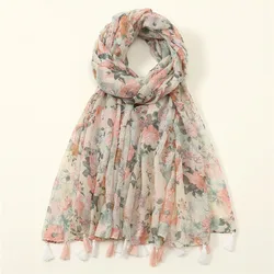 Women Autumn Spain Lovely Polka Floral Tassel Viscose Shawl High Quality Print Wrap Pashmina Stole Bufandas Muslim Hijab Snood