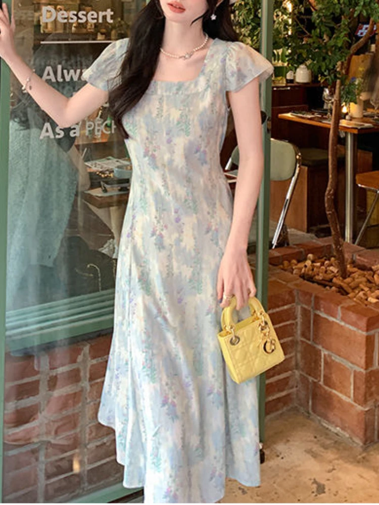 2024 Summer Chiffon Floral Elegant Midi Dress Women Lace-up Y2k Vintage High Street Slim Dress Female Koran Style Casual Clothes