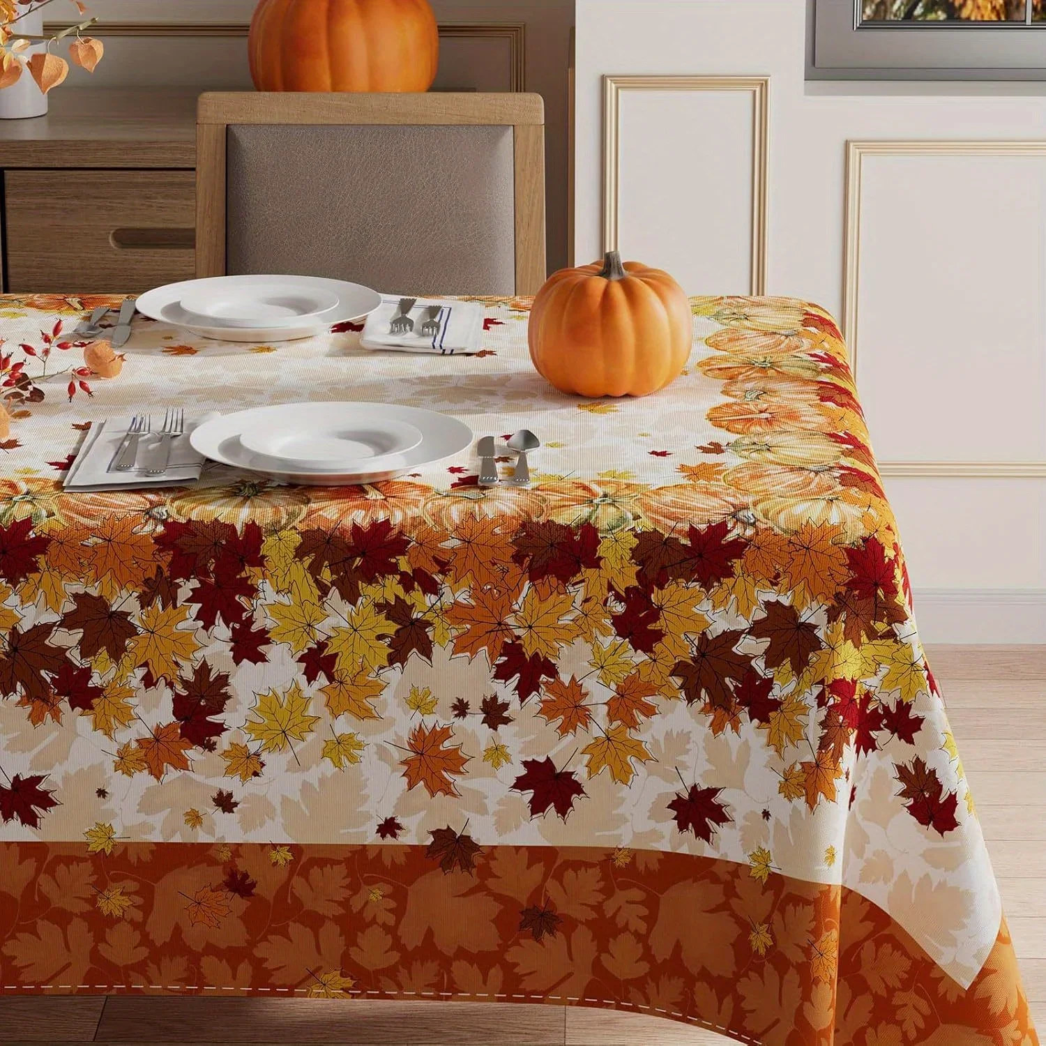 1pc Thanksgiving Tablecloth - White as the first snow of autumn. Autumn leaves and pumpkins are the reply of the earth. yzb