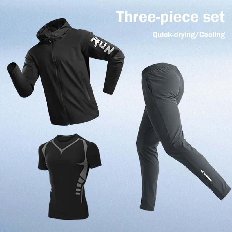 

Мужской комплект для фитнеса и бега, комплект из трех предметов, повседневная одежда для велоспорта, быстросохнущие тренировочные брюки, спортивная одежда для утреннего бега на открытом воздухе