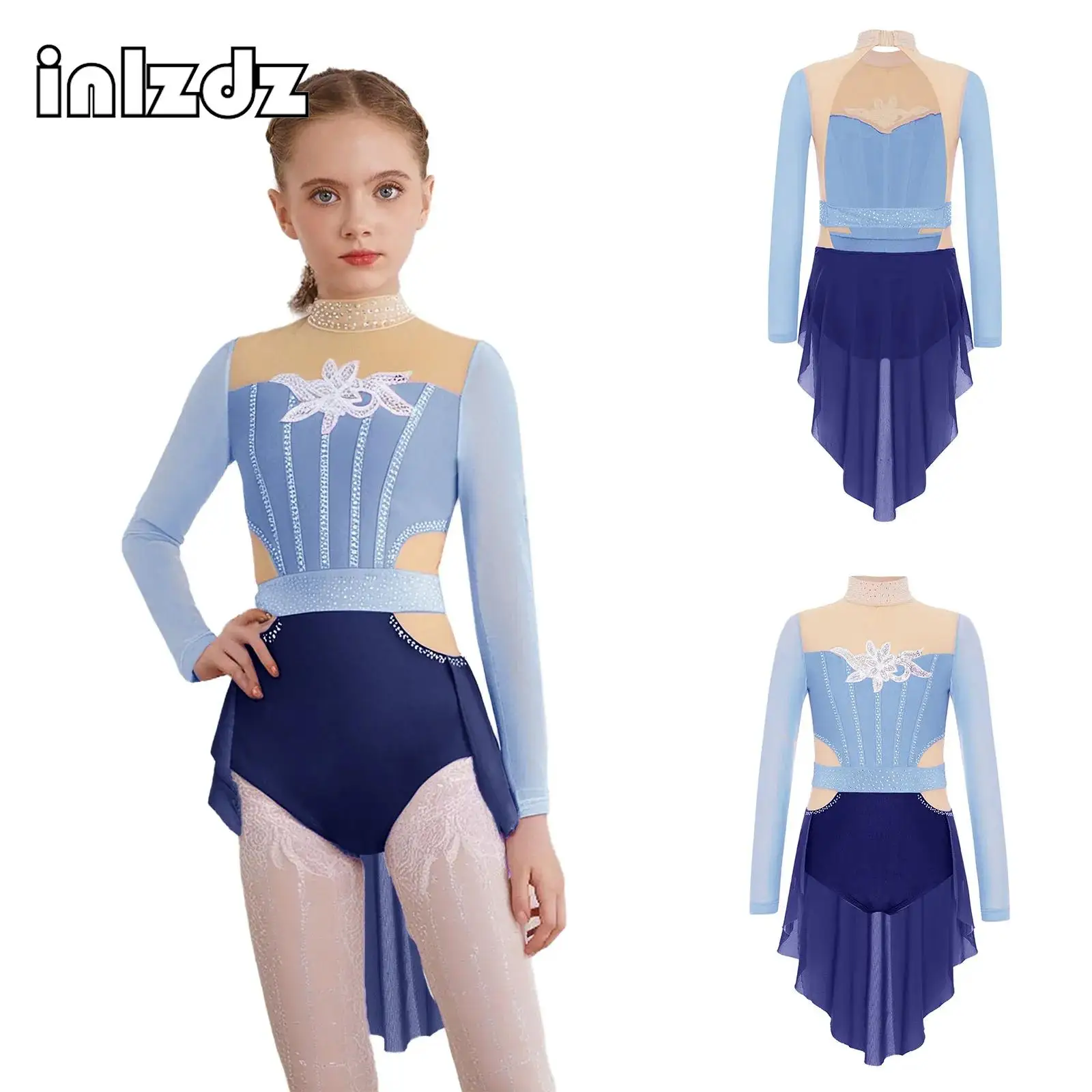 

Kid Girl Applique Modern Lyrical Dance Costume Mock Neck Sequined Rhinestones Mesh Skirted Leotard for Ballet Figure Ice Skating