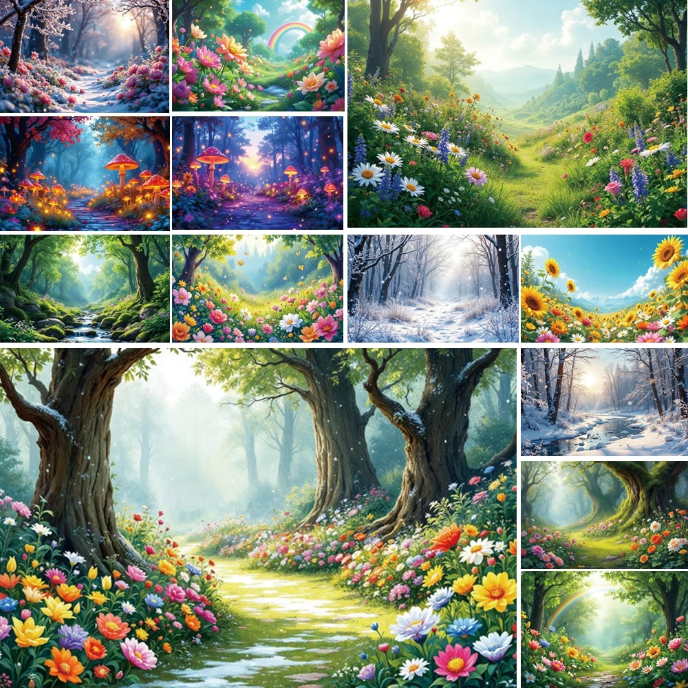 

MOON.QG Spring Forest Flower Photo Background Rainbow Path Mushroom Backdrop Kids Poster Wall Photozone Accessories Photo Booth