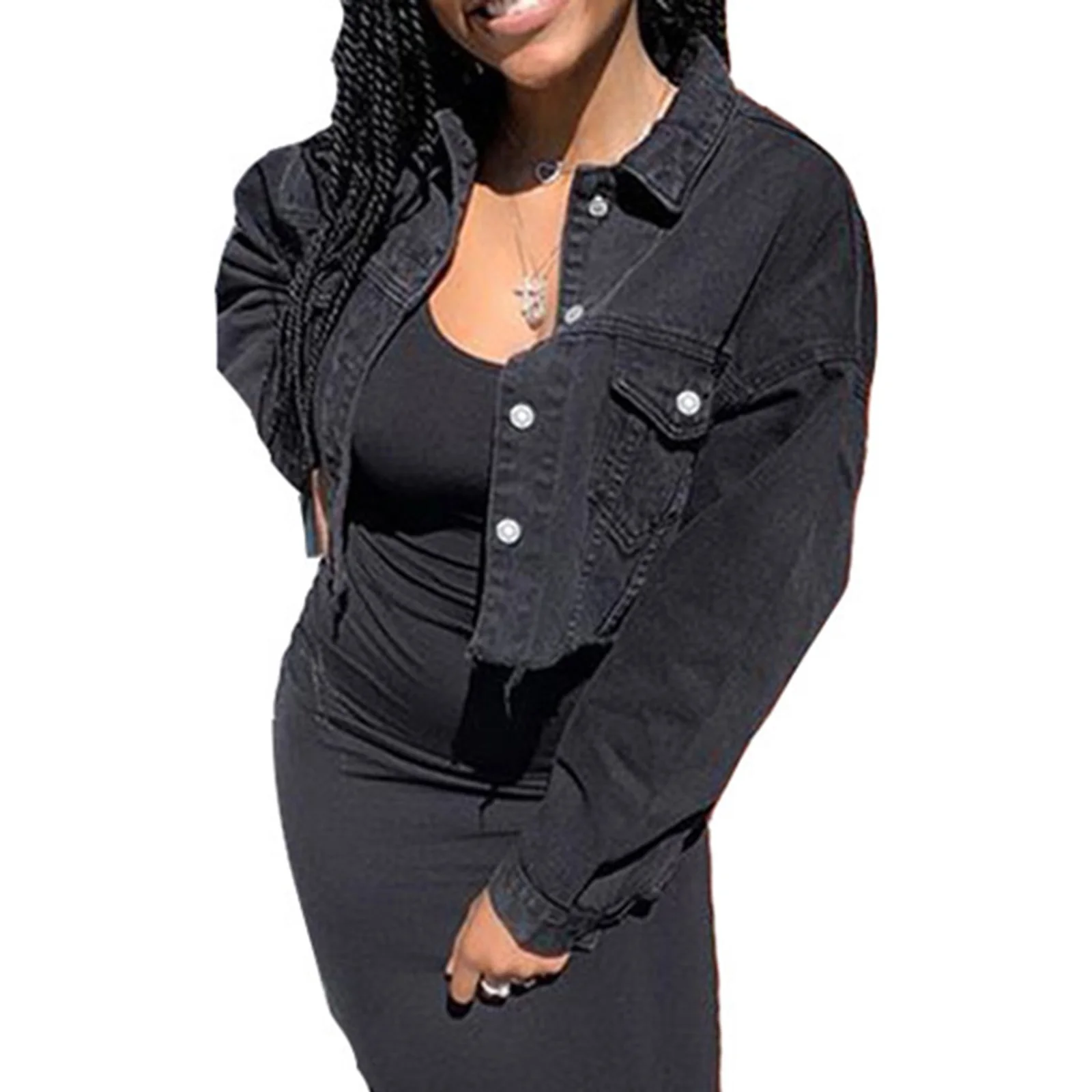 Dámský džínový krátký kabát, jednobarevný, s dlouhým rukávem, klopou, sako s knoflíky, opotřebovaný lem, zkrácený džínový kabát - náhled 3