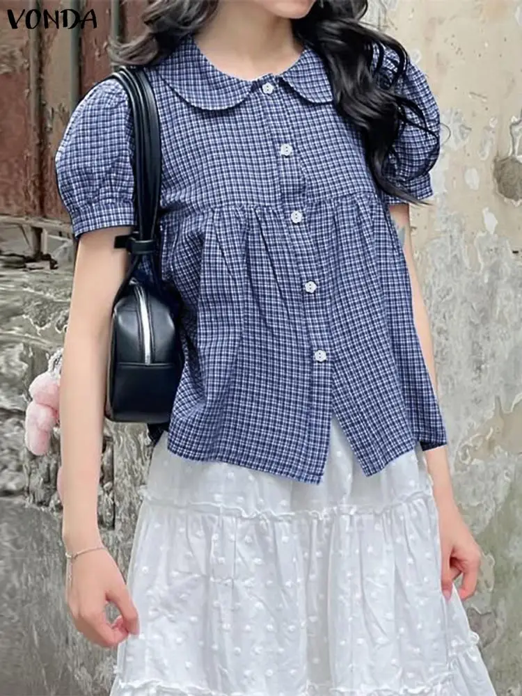 Koszule VONDA Fashion 2025 Damskie Bluzki w Kratę z Krótkim Rękawem Letnie z Kołnierzykiem Luźne Tuniki Casualowe Vintage Bluzki w Kratę Blusas Femininas
