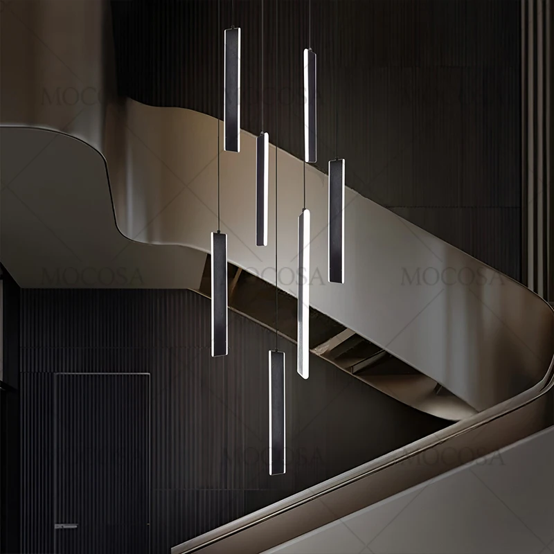 Living Room Modern Stairwell Pendant Lamps Golden Strip Hanging Lights High-rise Villa Stair