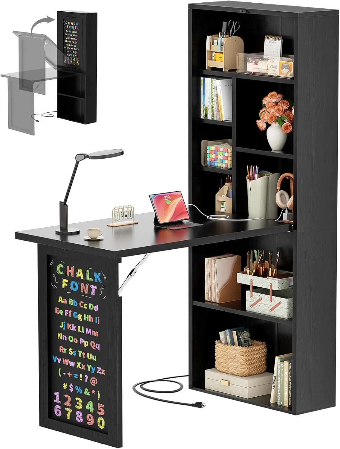 Small Folding Desk with Outlets, Fold-Out Murphy Desk Craft Table | Foldable Wall Mounted Desk Cabinet with Storage, Craft